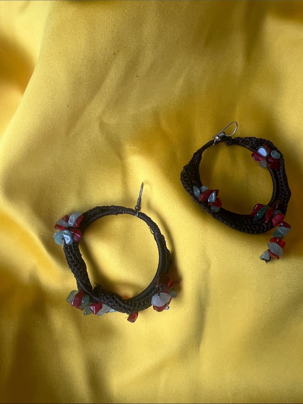 Handmade Brown Woven Hoop Earrings with Red and Light Blue Beads